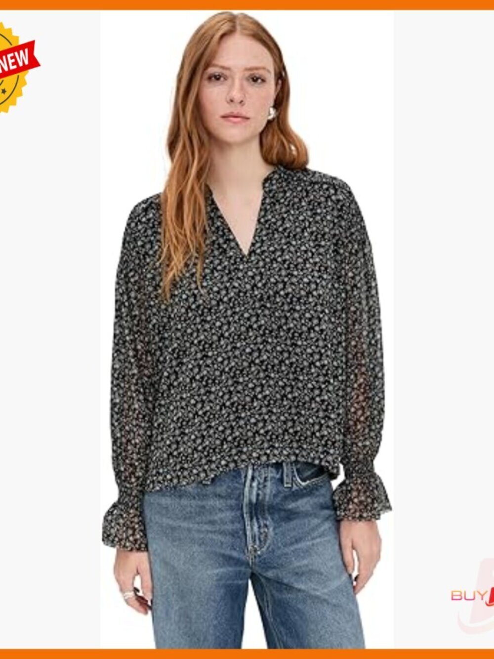Sheer Polyester Top with Puff Sleeves, Split Neckline, Regular Fit